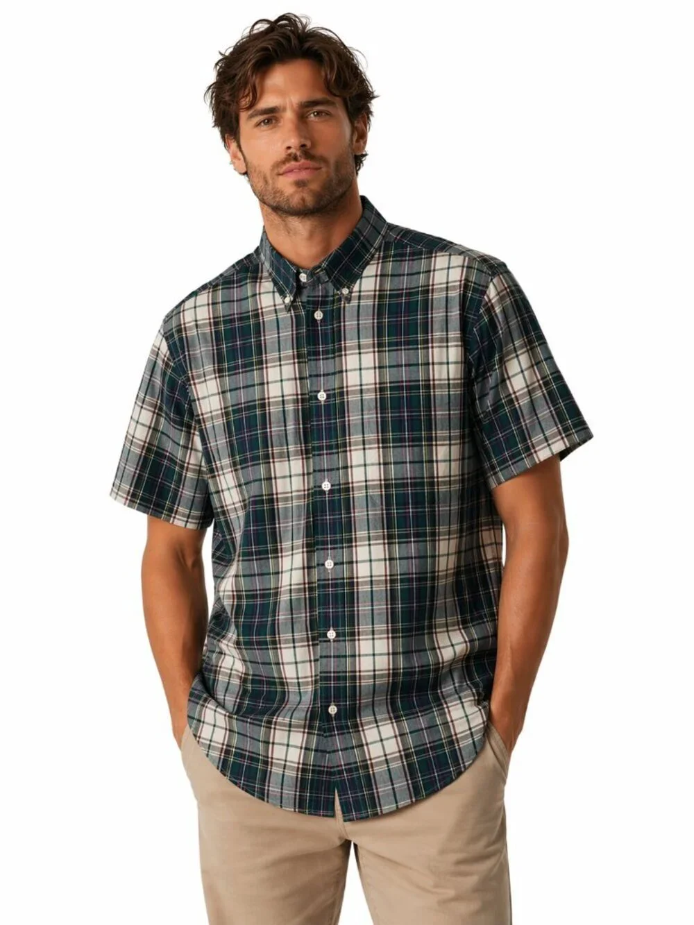 J.Crew Mens Shirt Medium Plaid Classic Fit Short Sleeves Pocket BJ734 Cotton NWT